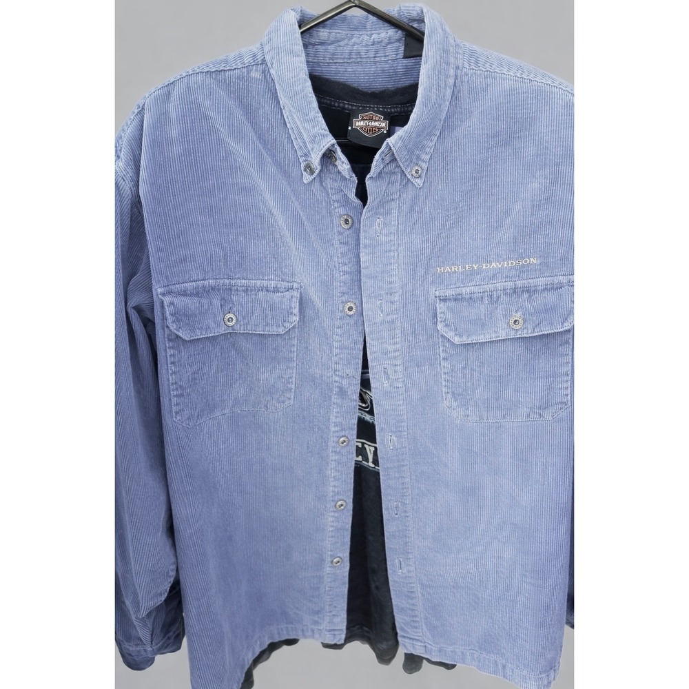 Harley-Davidson Blue Gray Corduroy Button-Up Shirt Mens XL Embroidered‎ Logo